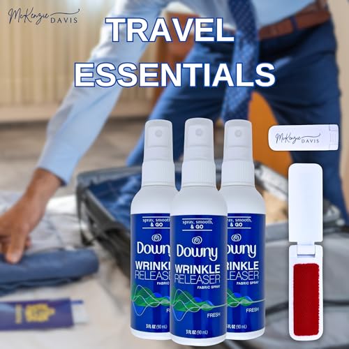 McKenzie Davis Downy Wrinkle Release Spray Travel Size, 3 oz, Pack of 3 - Fabric Refresher Spray, Cruise Essentials, Ironing Aid, Light Fresh Scent, Bundle with Travel Lint Removal Brush