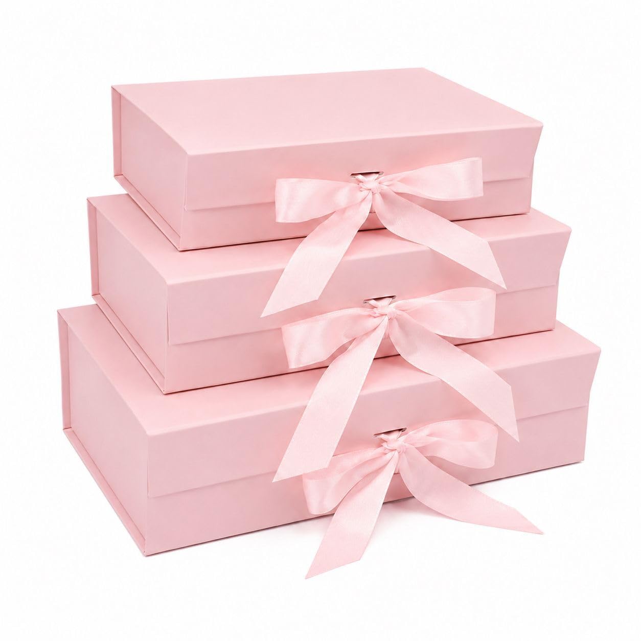 Luxury Gift Box Set with Ribbon – 3 Piece Magnetic Closure Boxes (Small, Medium, Large) – Reusable Nesting Gift Packaging for Weddings, Birthdays & Holidays (Pink – 3 Piece Set)