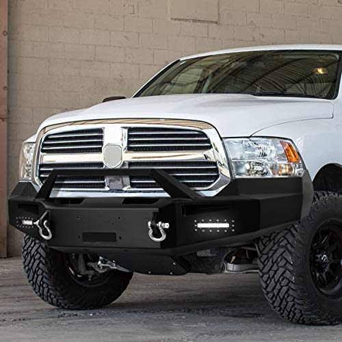 Image of DNA Motoring FGBP-003 1-Piece Design Rock Crawler Front Winch Bumper w /LED Fog Light Compatible with 13-18 Dodge Ram 1500, Black