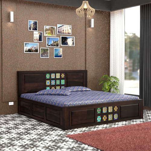Image of King Size Bed with Storage Box | Sheesham Wood Bed | Multicolor Tiles Design Double Bed Wooden Cot for Bedroom & Hotel | Walnut Finish, Recommended Mattress Size: 78x72 Inch