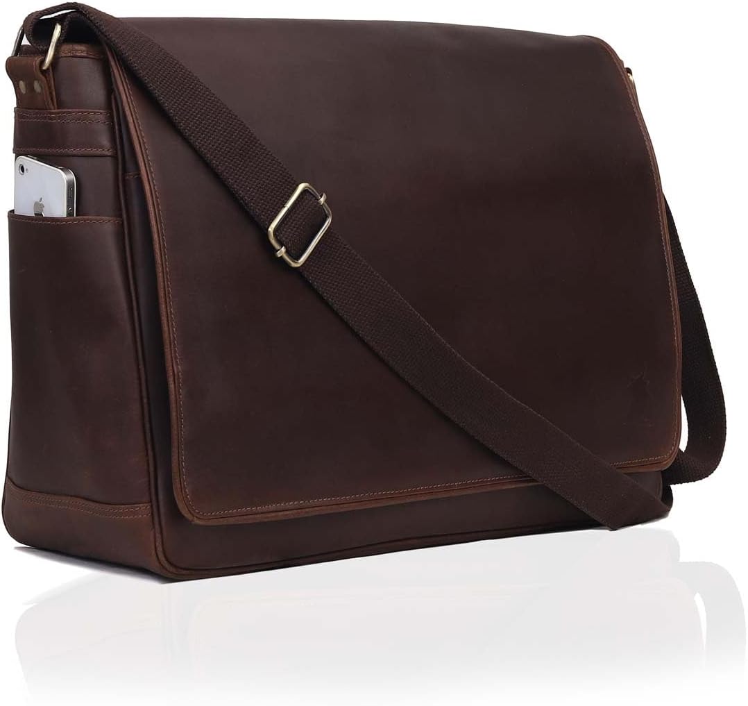 Leather Farm Messenger Bag for Men & Women 15.6 Inch – Premium Vintage Handmade Laptop Briefcase Satchel, Mens Shoulder Crossbody, Genuine Leather Computer Bag with Adjustable Strap Brown