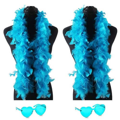 db11 2 Pcs Feather Boas with Heart Rimless Sunglasses，4 ft Feather Boa Halloween Christmas Bachelor Party Pack Accessory (Lake Blue)