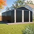 12x20 FT Heavy Duty Metal Garage Shed, Extra Large Outdoor Storage Building with Double Doors, Side Door & Window, Waterproof All-Weather Steel Carport for Vehicle & Equipment Storage