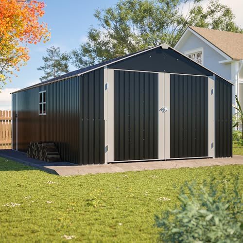 12x20 FT Heavy Duty Metal Garage Shed, Extra Large Outdoor Storage Building with Double Doors, Side Door & Window, Waterproof All-Weather Steel Carport for Vehicle & Equipment Storage