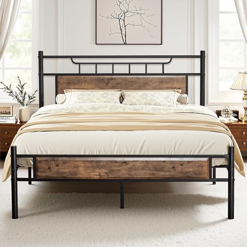 Retro Massivholz Bettgestell 140x200 cm, Doppelbett mit Dickem Kopfteil & Lattenrost, Stabiler Rahmen ohne Boxspring erforderlich, Komplett-Set für...