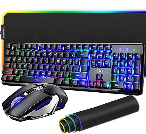 Wireless Keyboard and Mouse Mousepad, 3 in 1 Rainbow LED Backlit Rechargeable Mechanical Feelling Backlit Gaming Keyboard Mice Combo with 4800 mAh Battery, 10 Color RGB Mouse Pad for Laptop Pc Mac