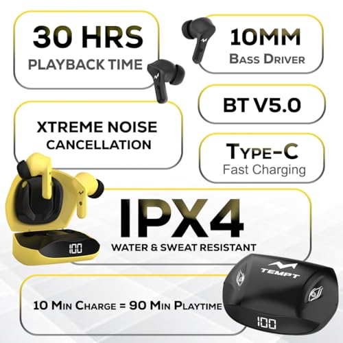 Image of TEMPT Thunder True Wireless Earbuds with OxyAcoustics Technology, TWS in Ear Earphone with Passive Noise Cancellation, 10mm Bass Drivers, Upto 24H Playtime, IPX4 Water Resistant (Black)