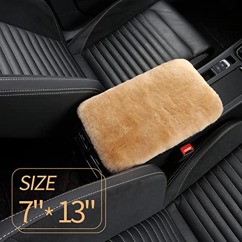 Image of IRIWOOL Sheepskin Armrest Cover Auto Center Armrest Cover Car Soft Console Pad, Fluffy Wool Auto Center Console Cover for Most Car Arm Rest Decoration Protector 7 x 13 Inch (Shearling, Khaki)