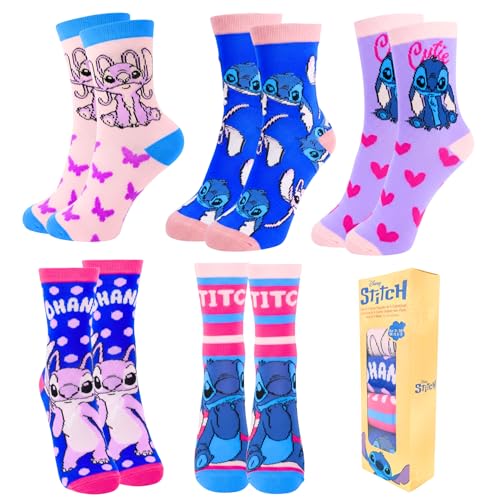 Disney Stitch Mädchen Socken Stitch und Angel Design 5er-Set Klassische Teenager Socken Größen EU 31 bis 38 (DE/NL/SE/PL Numerisch 31 34 Regular Mehrfarbig)