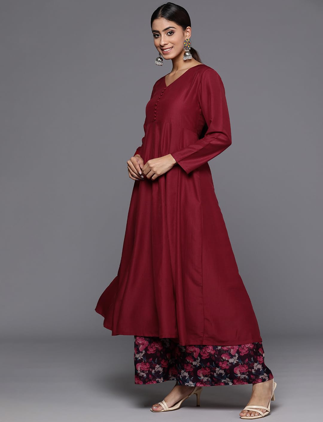 Varanga Women Maroon Anarkali Kurta Paired With Contrast Bottom And Dupatta