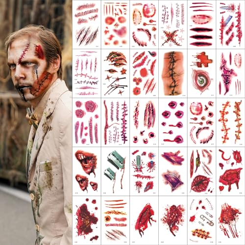 Lusstiazz 200+ PCS Halloween Tattoo Stickers Wound Tattoo Stickers, Fake Scar Tattoos For Women Men Adults Kids, Halloween Scary Face Zombie Makeup Kit Waterproof Tattoo Sticker