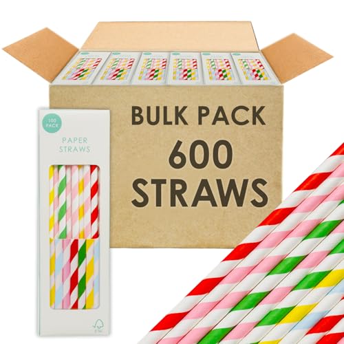 Talking Tables 600 x Bulk Stripy Paper Straws Cocktail Disposable Drinking Straws Striped for Birthday, Wedding, Party, Catering, Bar, Red, White, Blue, Yellow, 19.5 cm