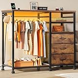 WLIVE Dresser with Hanging Rack for Bedroom, 3 Drawer Dresser with LED Lights & Charging Station, Fabric Dressers & Chest of Drawers, Storage Organizer with Open Shelves for Living Room, Brown