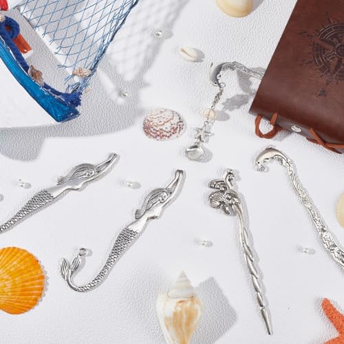 SUNNYCLUE 12Pcs Hook Bookmarks Vintage Style Antique Silver Bookmark Hooks Mermaid Koi Fish Dolphin Animal Bookmarks Summer Ocean Hairpin Strip Carved Book Marks with Loop for Beading DIY Crafting - Image 4