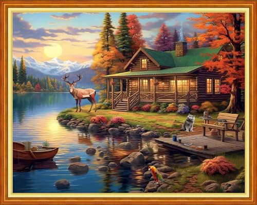 Image of Dimensean Stamped Cross Stitch Kits Full Range of Embroidery Patterns Starter Kits for Beginners Adult DIY Cross Stitches Needlepoint Kits 11CT-Scenery by the Lake 16x20 inch