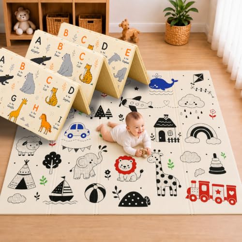 Image of TARKAN High Contrast Baby Play Mat for Visual Stimulation, Extra Thick 8mm, for Hard Floors, BIS Certified, Double Sided, Foldable Foam Crawling Mat (6.5 x 4.5 ft)