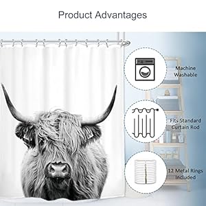 Ambzek highland cow shower curtain 60wx72l inch rustic bull portrait western farmhouse cattle country restroom accessories funny cute farm animal grey white fabric bathroom decor set with 12 hooks  urban country home decor