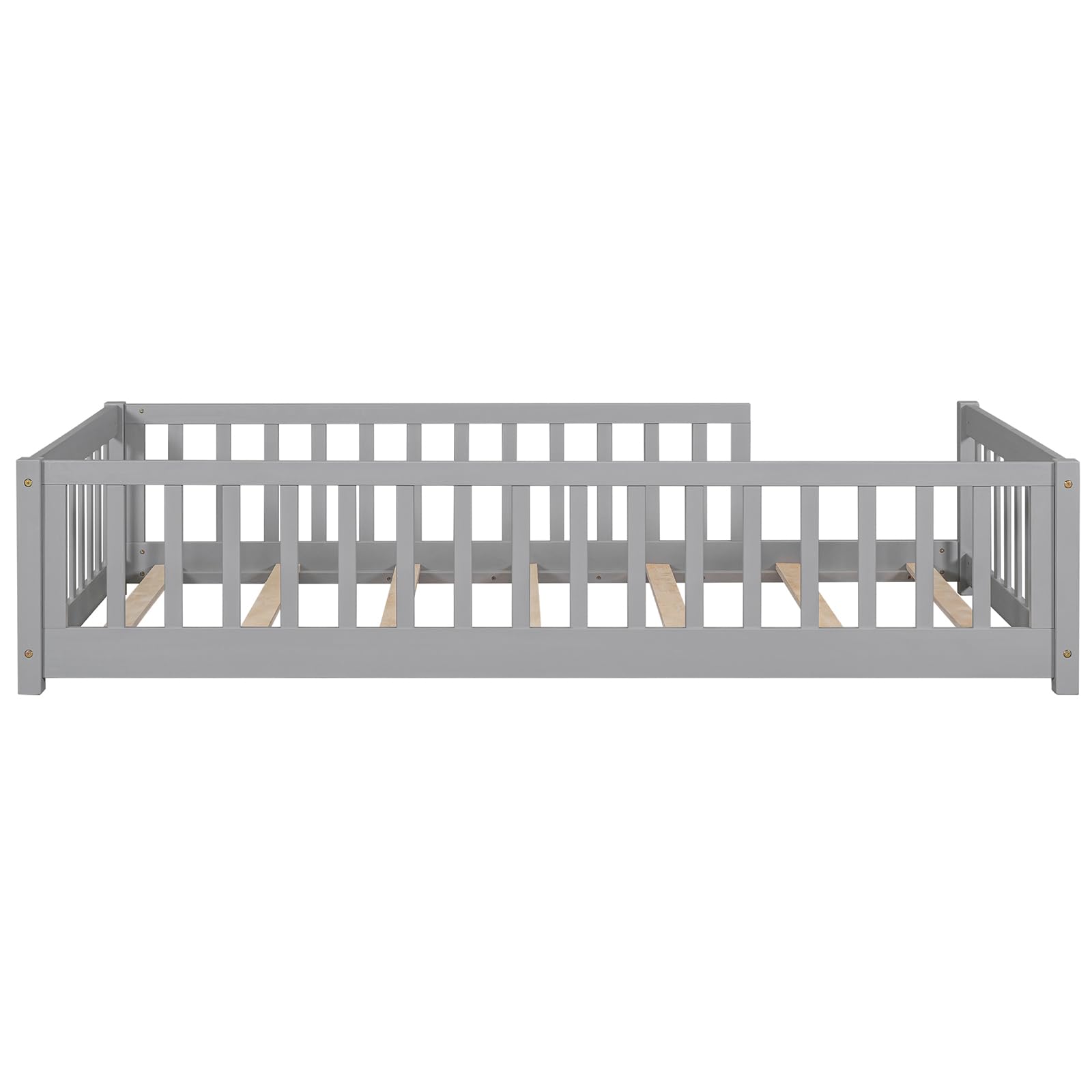 SPOFLYINN Twin Size Wood Floor Bed with Safety Guardrails Noise Free Easy Assembly Bed Frame Bedroom Furniture for Children Girls Boys Grey One Size