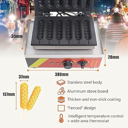 ZOLPINL Kommerzielles französisches Hot-Dog-Waffeleisen, 1500 W elektrisches antihaftbeschichtetes Corn-Dog-Waffeleisen, 6-teiliges Hot-Dog-Käsestangen-Presseisen, 0–300 °C Temperaturregel – Bild 4