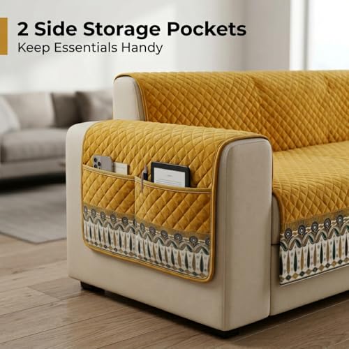Image of KINGLY Armrest Cover with Pocket | Anti-Slip Sofa Arm Protector | Washable Arm Cover | Mustard Yellow