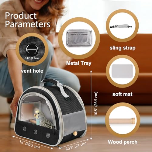 Image of Bird Carrier, Portable Small Bird Parrot Parakeet Carrier with Standing Perch and Stainless Steel Tray, Side Access Window Collapsible (Black, Horizontal Perch)