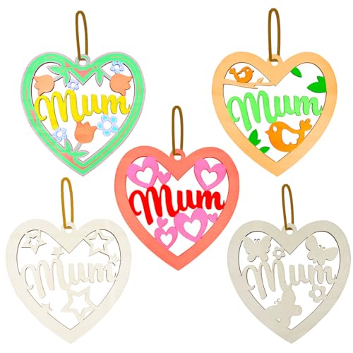 5 Pcs Wood Mother's Day Crafts for Children,Gift for Mum,Happy Mothers Day Heart Signs Gifts from Daughter Son Heart Mummy Presents,Mothers Day Gifts Card for Best Mum Idea Home Wooden Decorations