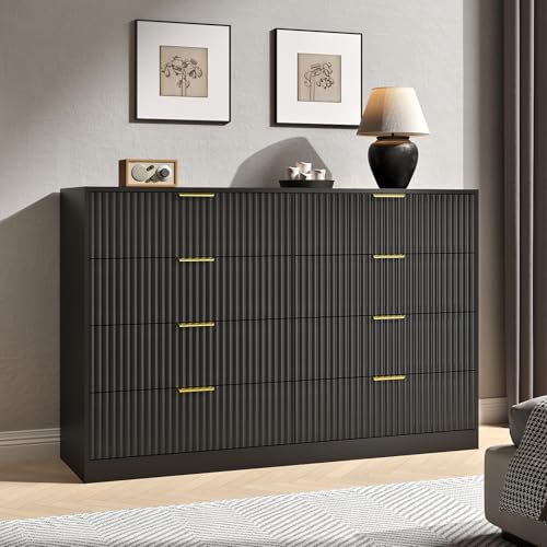 Image of Black Dresser with 8 Drawer 55 inch Wide Fluted Dresser for Bedroom丨Double Drawer Dresser Modern Chest of Drawers with Gold Handle, Wood TV Stand for Bedroom, Living Room, Entryway, Black
