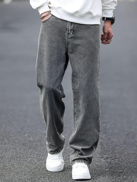 Image of Men Loose Fit Mid Rise Grey Jeans | Ankle-Length Trendy Denim for Smart-Casual Wear | Comfortable Everyday Jeans for Men | Modern Stylish Casual Outfit