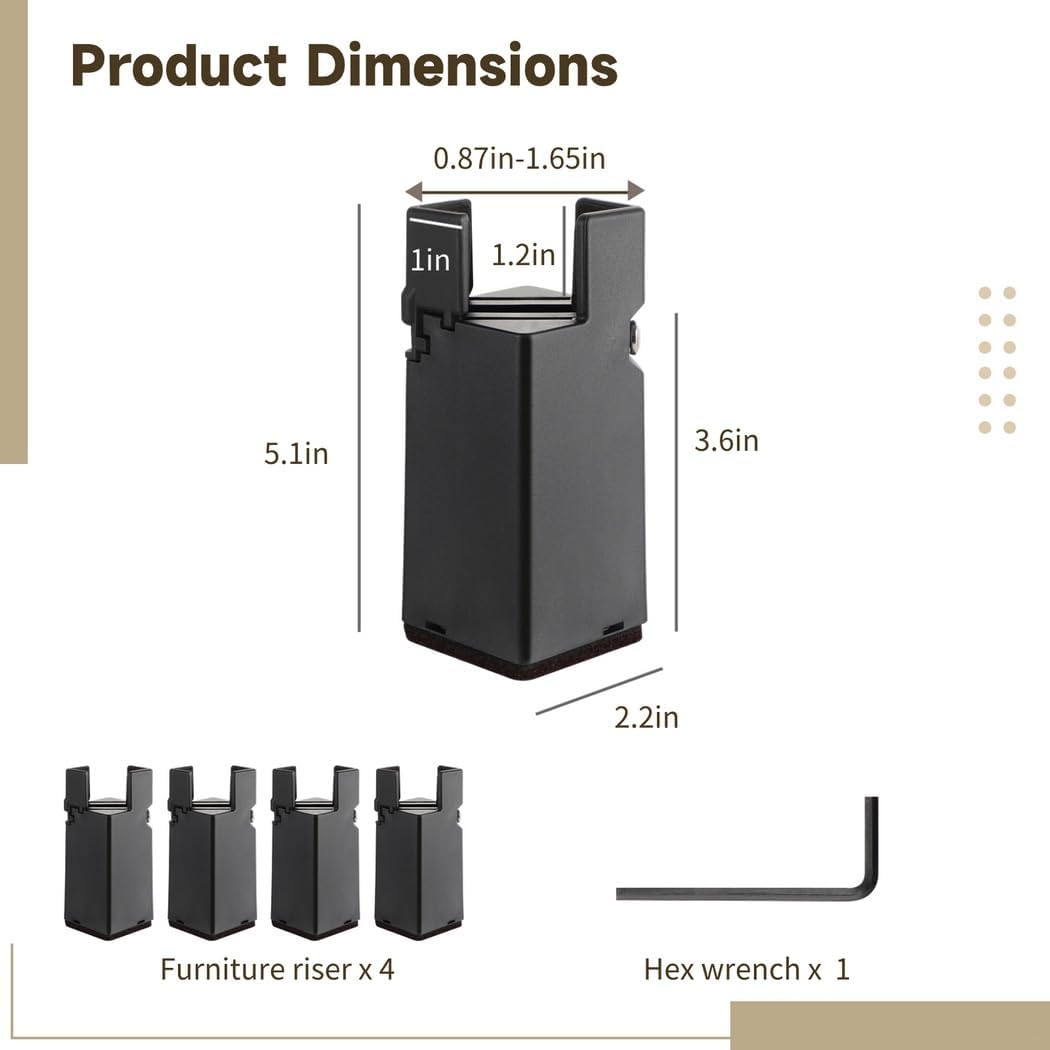 Furniture Risers Heavy Duty, 4 Pcs Bed Risers 4-Inch Adjustable with Screw Clamps, Risers for Sofa Couch Desk Chair Tables, Fit 0.87-1.65 Furniture Legs