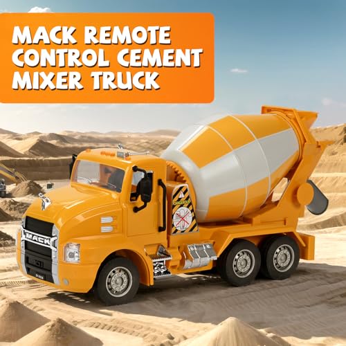 DOUBLE E Mack Licensed RC Cement Mixer Toy Truck, Rechargeable 360 Degree Stirring Construction Toys Vehicles with Lights, Birthday/Xmas Gifts Ideas for 6-10+ Year Old Boys