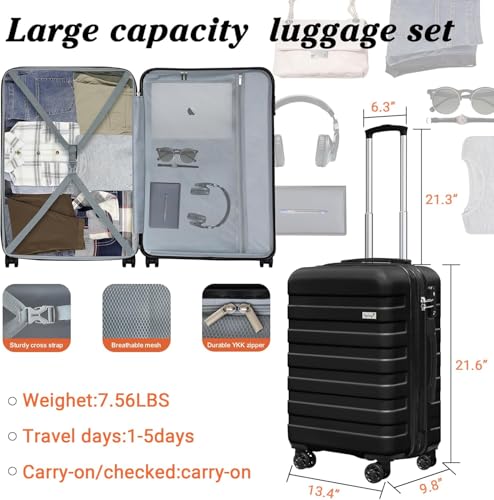 Image of KEYTANG Zebra 20 inch Expandable Carry-On Luggage Set with TSA Lock, Lightweight Hardshell Suitcase with Spinner Wheels, PC+ABS Durable Checked Luggage, Bonus Travel Backpack & Cosmetic Makeup Bag, Black