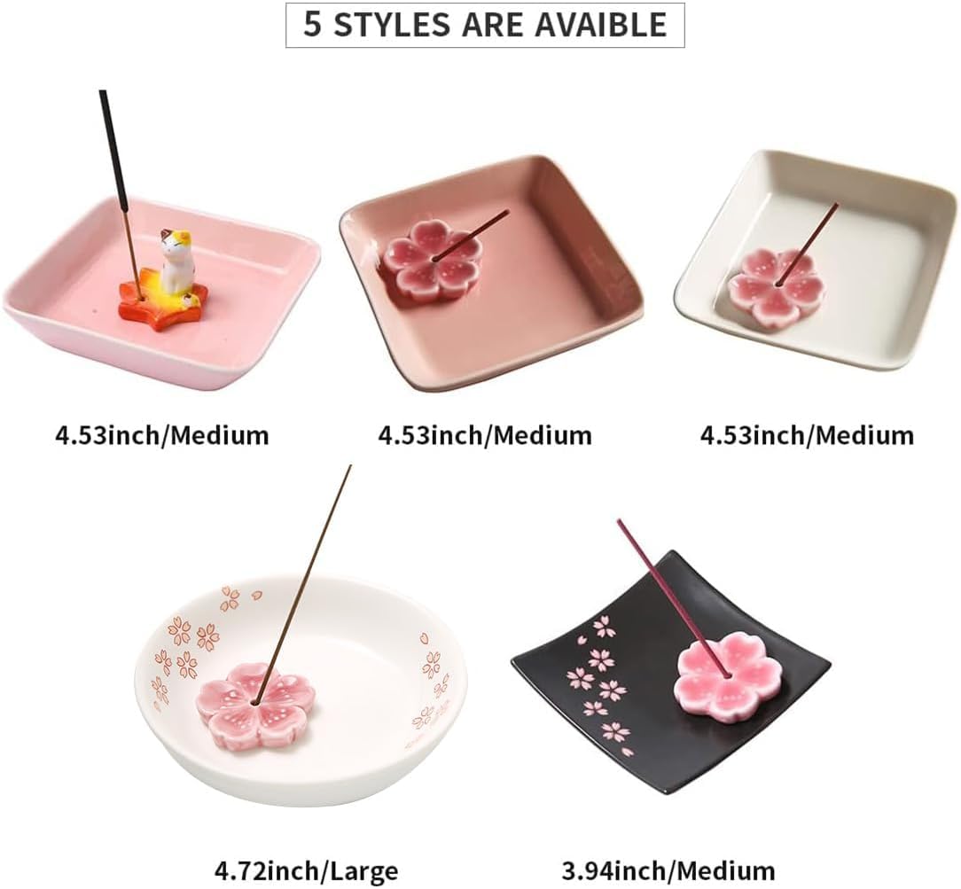 Handmade Japanese Ceramic Cherry Blossom Incense Holder - Pink Square Ash Catcher & Home Decor