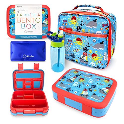Bento Box with Insulated Lunch Bag, Ice Pack & Water Bottle Set for Kids - 5 Compartments Removable Tray Lunches or Snack Container Boys Toddlers Daycare Pre-School, Blue Pirates