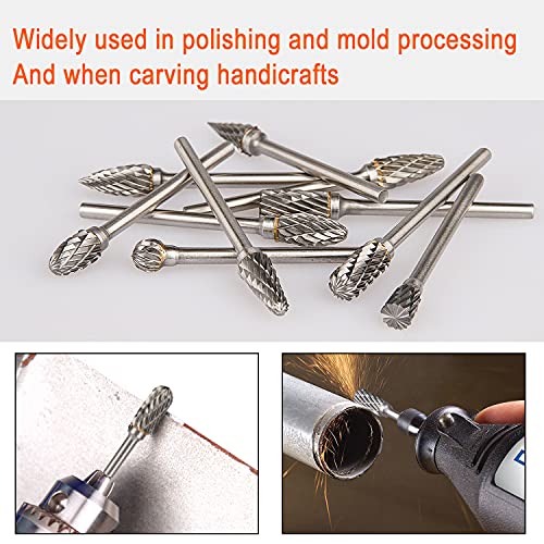 Homeidol Carbide Burr Set Die Grinder Bits Rotary Tool Bits 1/8" Shank 10 Pc Double Cut Wood Carving Accessories Cutting Burrs Metal Grinding Engraving Polishing Porting Trimming #TOP5
