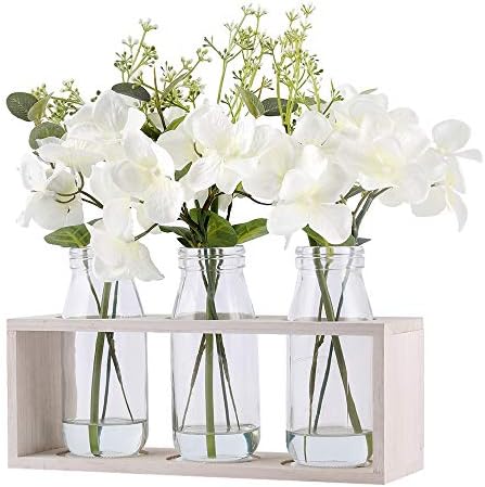 hehimhis Fake Hydrangeas with Pot, 3 Potted Desktop Planter Artificial Flowers Artificial Plant with Wooden Stand for Wedding Party Desktop Home Decor, White
