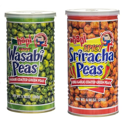 Hapi Hot Wasabi Peas 9.9 Ounce Tins (Pack of 4) & Spicy Sriracha Peas 9.9 oz Bundle - Japanese Style Crunchy Green Pea Snacks