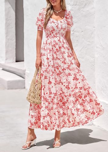 Image of PRETTYGARDEN Women's Summer Floral Boho Eyelet Flowy Maxi Dresses | Embroidered,Hollow Out,Sweetheart Neck,Lantern Short Sleeve,Smocked Pockets,Fit and Flare,Swing Long,Beach Vacation Clothes