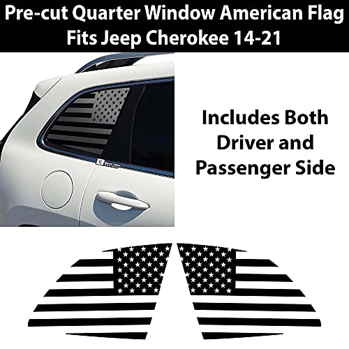 Bogar Tech Designs American Flag Rear Side Quarter Window Precut Decals Compatible With Jeep Cherokee 2014-2022, Matte Black #TOP1
