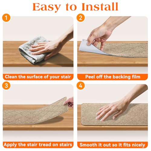 DailyCuddles Stair Treads for Wooden Steps 15 PCS - 8’’ x 30’’, Non Slip Stair Runner, Machine Washable Stair Rugs Strips for Kids Pets and Elderly, Indoor Carpet for Stairs (Khaki) by DailyCuddles - Image 6