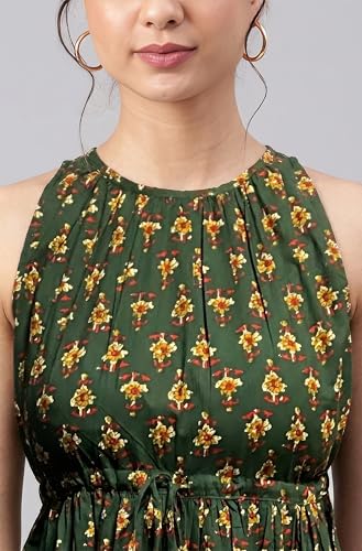 Image of Janasya Women's Blue Pure Cotton Floral Printed Tiered Dress