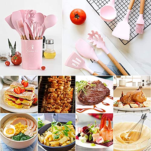 VBOK IGFE 12 Pcs Küchenutensilien Set Silikon,Antihaft Hitzebeständiger Kochgeschirr Küchenhelfer Set mit Holzgriff,Rosa