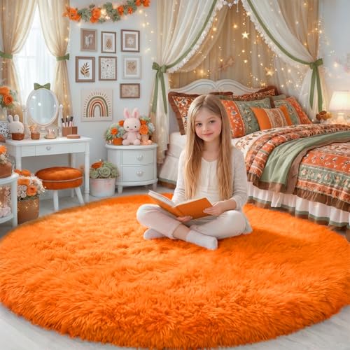Amdrebio Orange Round Rug 5Ft - Fluffy Shag Carpet for Kids Rooms