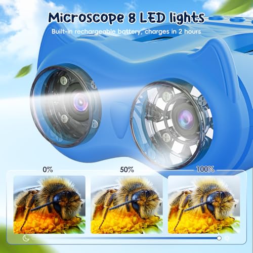 2-in-1 Mikroskop für Kinder und Fernglas für Kinder, Temodu 4K 2.0\ Bildschirm, 1000X USB tragbares Taschenmikroskop, Wiederaufladbares Tragbares Fernglas, Science draussen ab 3 Jahren (Blue)