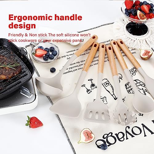 Ncue NCH650 Kitchen Utensils Set, Large Non-Stick Silicone Cooking Utensils Set 6 Pcs, Wooden Handle Heat Resistance Silicone Spatula Soup Ladle Pasta Server Kitchen Gadgets Utensils Set Bpa Free thumb #6