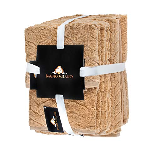 Bagno Milano 100% Turkish Cotton Jacquard Luxury Towel Set – Quick Dry Non-Gmo Ultra-Soft, Plush And Absorbent Luxury Durable Turkish Towels Set (Latte, 6 Pcs Towel Set) #TOP1