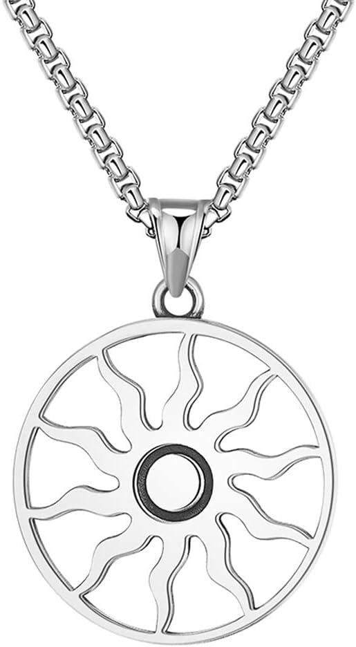 JemantSun Necklace For Men Women Silver Round Light Pendant Vintage Unique Cool Sun Necklace Titanium Steel Long Chain Jewelry For Astronomer