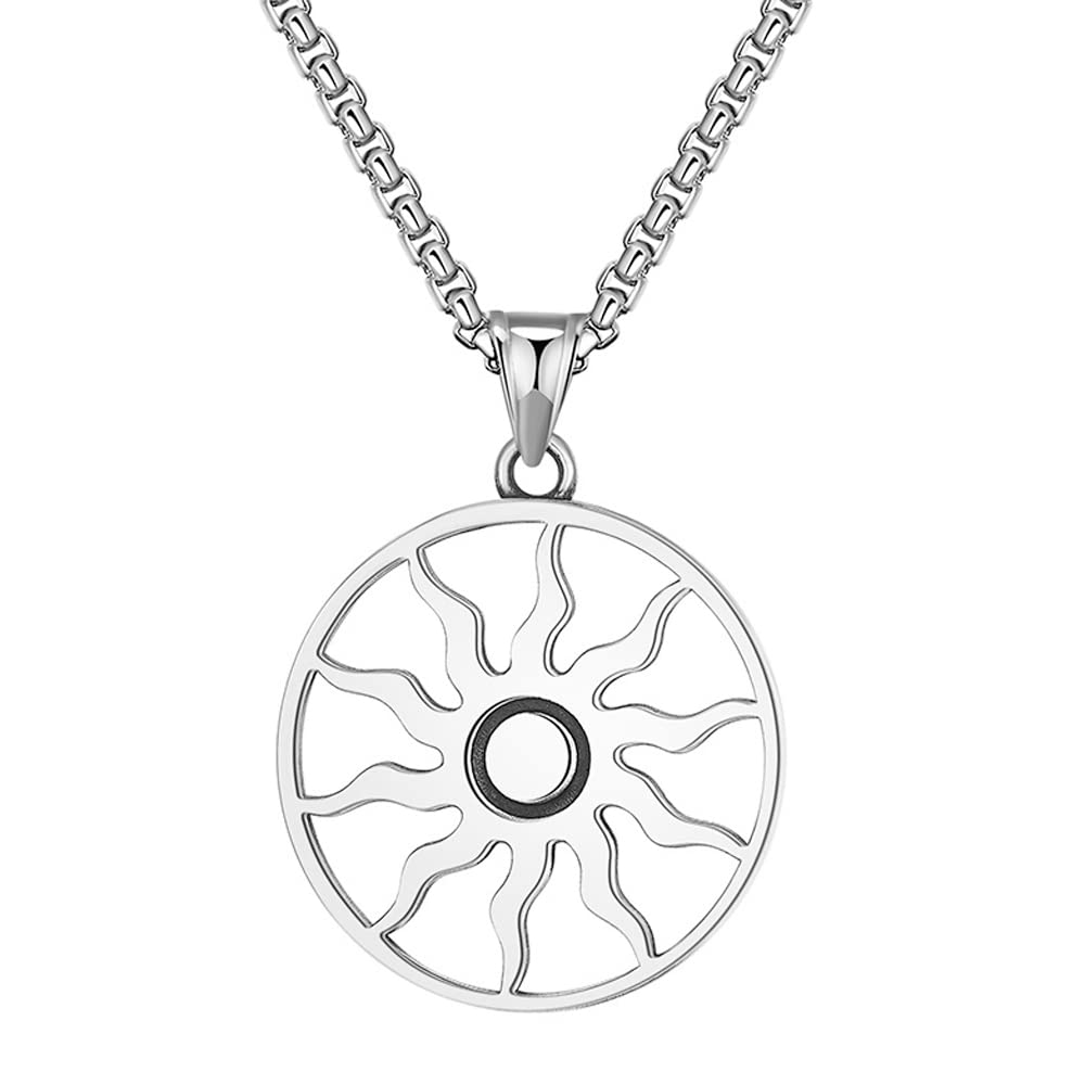 JemantSun Necklace For Men Women Silver Round Light Pendant Vintage Unique Cool Sun Necklace Titanium Steel Long Chain Jewelry For Astronomer