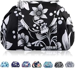 Lazy Drawstring Make up Bag Portable Large Travel Cosmetic Bag Pouch Travel Makeup Pouch Storage Organiser for Women Girl (Black)