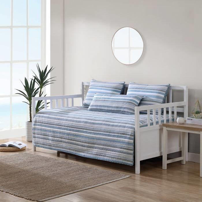 100-Percent Cotton Blue White Grey Nautical Stripes 4 Piece Daybed Cover Set New