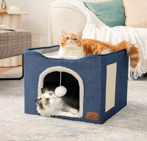 review Cat Bed, Cat House, Cat Cave, Cat Bed, Cat Condo, Cat Cube, Cat Teepees with Scratching Board and Plush Ball, Foldable. Size- (16.5 X 16.5 X 14) Color- Blue